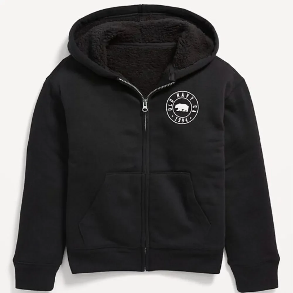 EUC Old Navy Child Kids Black Full Zip Hoodie Sherpa Lined Logo Jacket. - Size M